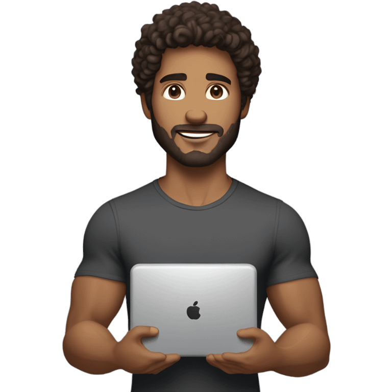 men carrying a computer in his hands. light brown skin men with curly dark brown hair, brown eyes, little grown beard. imposing, muscular build. dressed casual. emoji