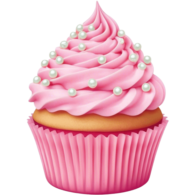 Cinematic Realistic Pink Cupcakes, fluffy pastel pink frosting swirled elegantly on top of golden cupcakes, tiny edible pearls adding a delicate touch, soft warm lighting creating a dreamy atmosphere, glowing with sweetness and charm. emoji