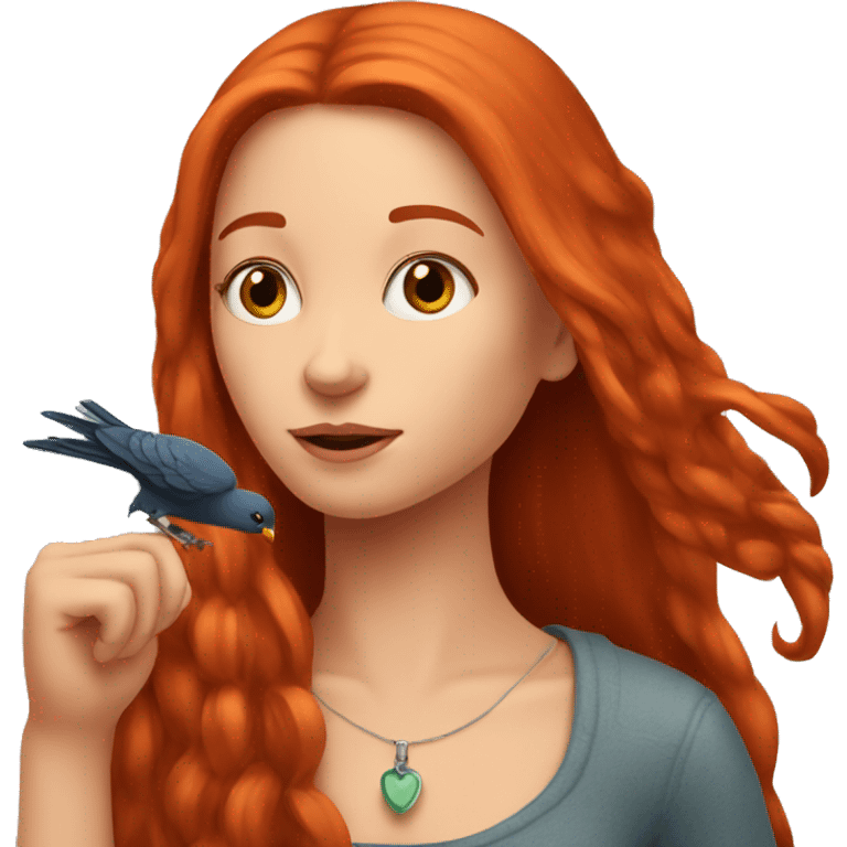 Long Red haired girl with bird on her finger emoji