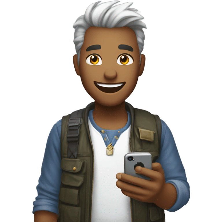 happy holding iphone 15 playing gragon city mobile game emoji