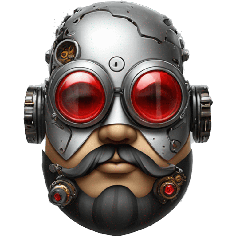 Fat cyborg head with red silver steampunk goggles, black beard and circuits emoji