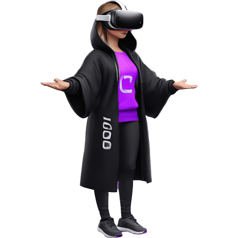 Russian girl wearing black hoody with violet letters "OMG", in vr headset oculus quest2. Standing like jedi. Cyberpunk style. Violet neon. emoji