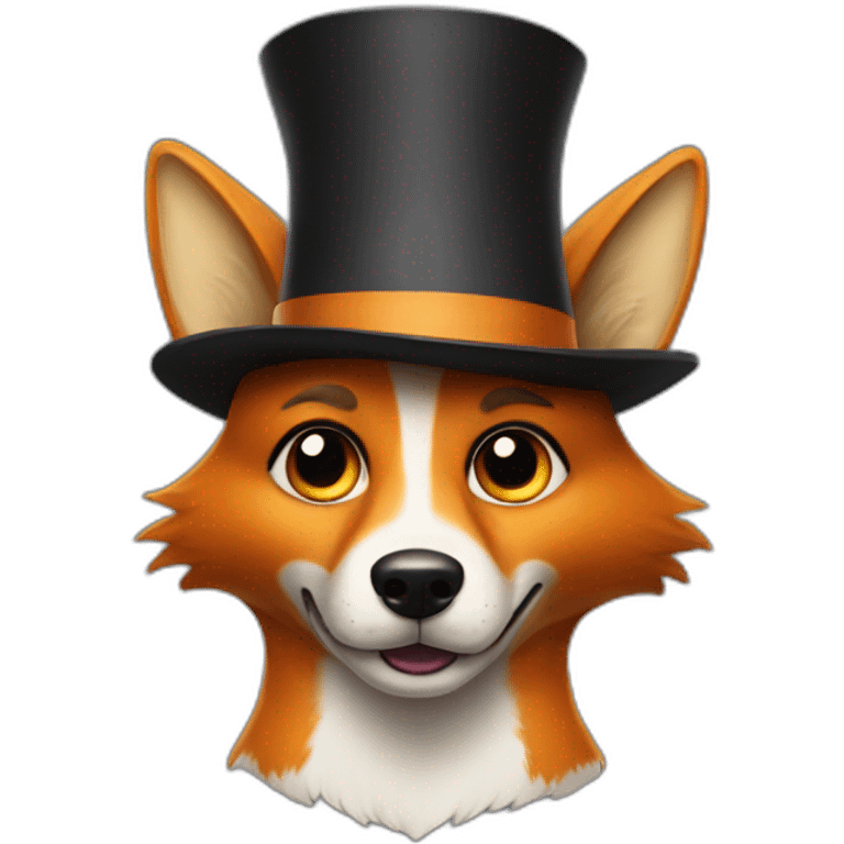 A dog looking like a fox, saying wtf, wesring a high hat emoji