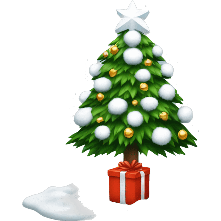 Christmas tree with snow on it and white presents under the tree emoji