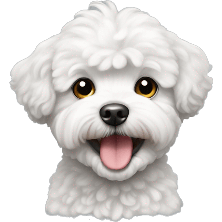 White maltipoo with gray ears smiling emoji