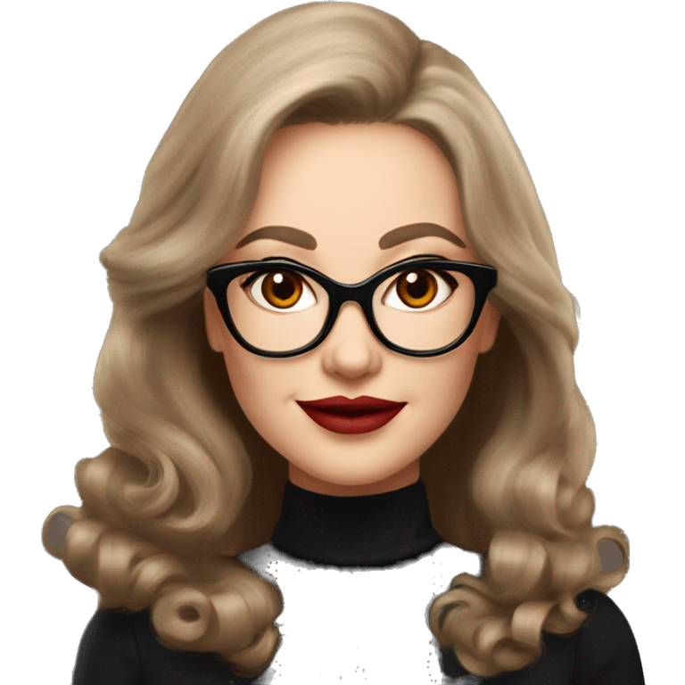 50 years old girl
long brown hair with volume styling
light skin
red lipstick
glasses with refined frame
Brown eyes with cat eye liner
black silk shirt with long sleeves emoji