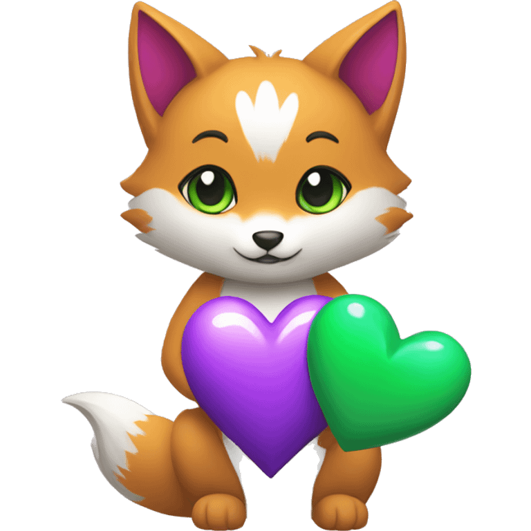 A Kitsune Holding a Purple Heart, a Green Heart and a White Heart emoji