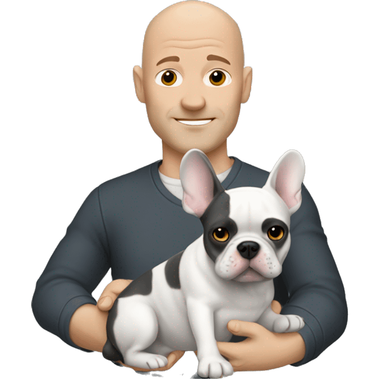 Bald man holding dark grey french bulldog  emoji