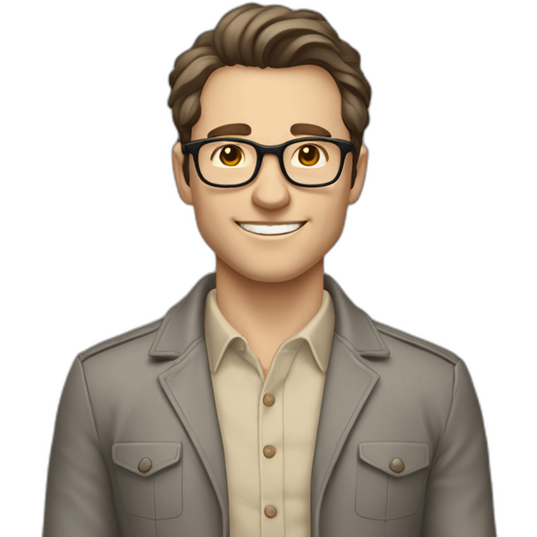 Joyful Pale skinned Fit Man With dark brown hair in gray jacket, beige office shirt, Brown pants and vintage glasses. His thrumbs up emoji