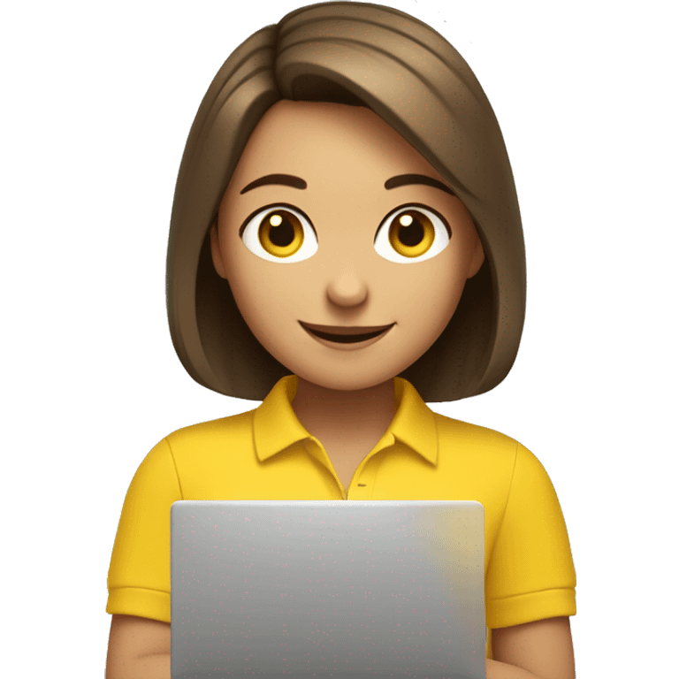 A girl with brown hair and a bob hairstyle in a yellow polo with a laptop winks and smiles. emoji