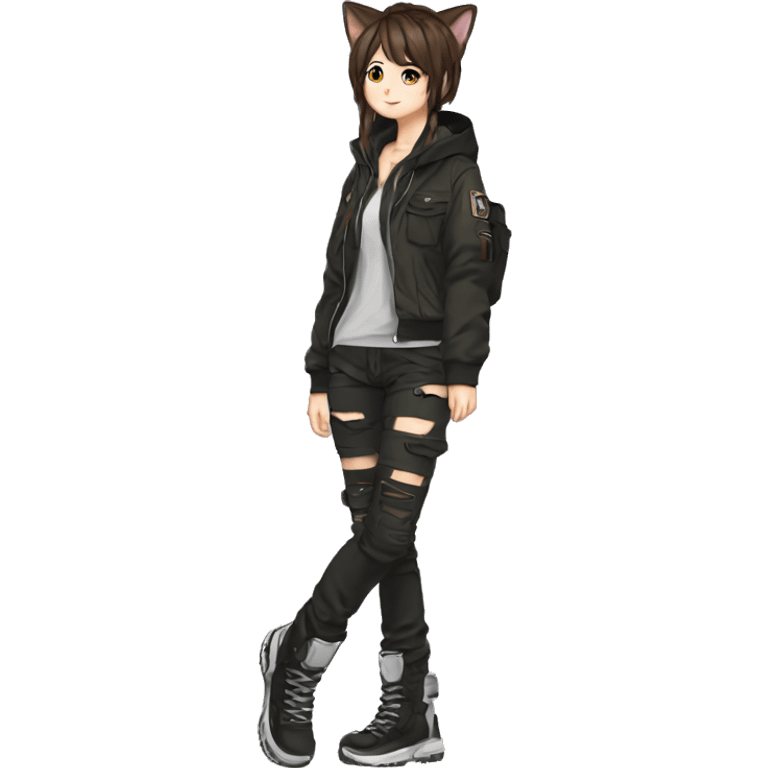 Edgy cool shy beautiful pretty anime punk tomboy with cat ears techwear cargo pants hoodie brown hair collar  emoji