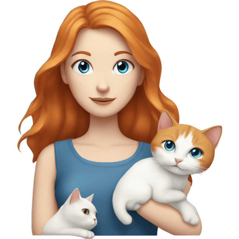 White girl with ginger hair and blue eyes holding a white cat and a gray cat emoji