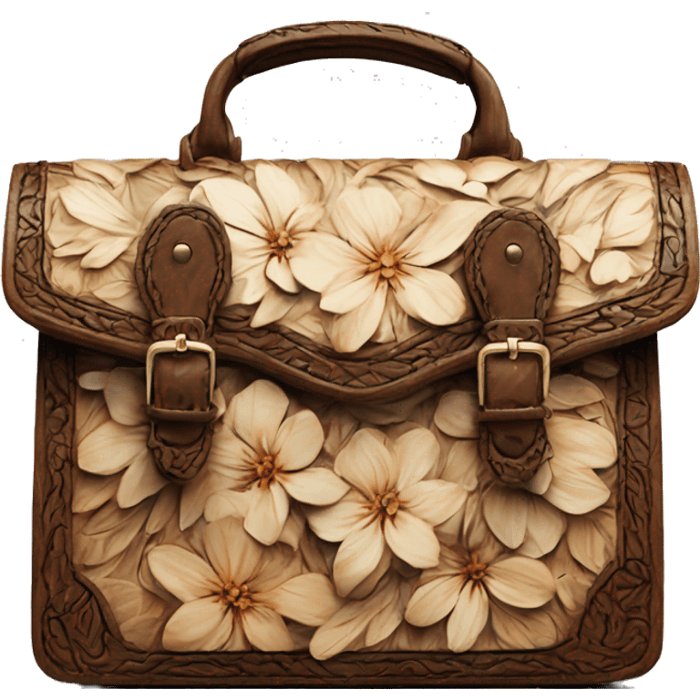 Realistic isolated rustic wooden tooled flower pattern designer satchel purse. emoji