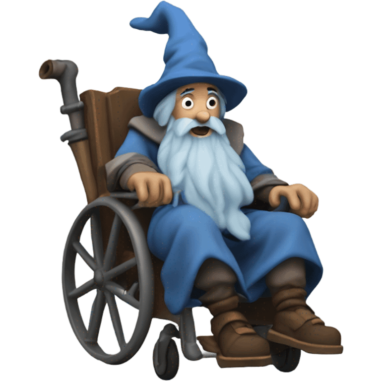 A old wizard with huge muscles and a blue beard and dirty cloths is in a wheelchair and smoking a pipe emoji