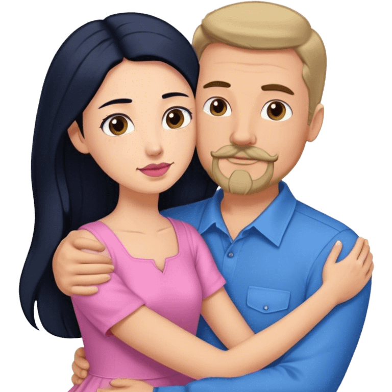 Tall white man with brown mustache goatee wearing blue hugging a short pale woman with long black hair wearing pink emoji