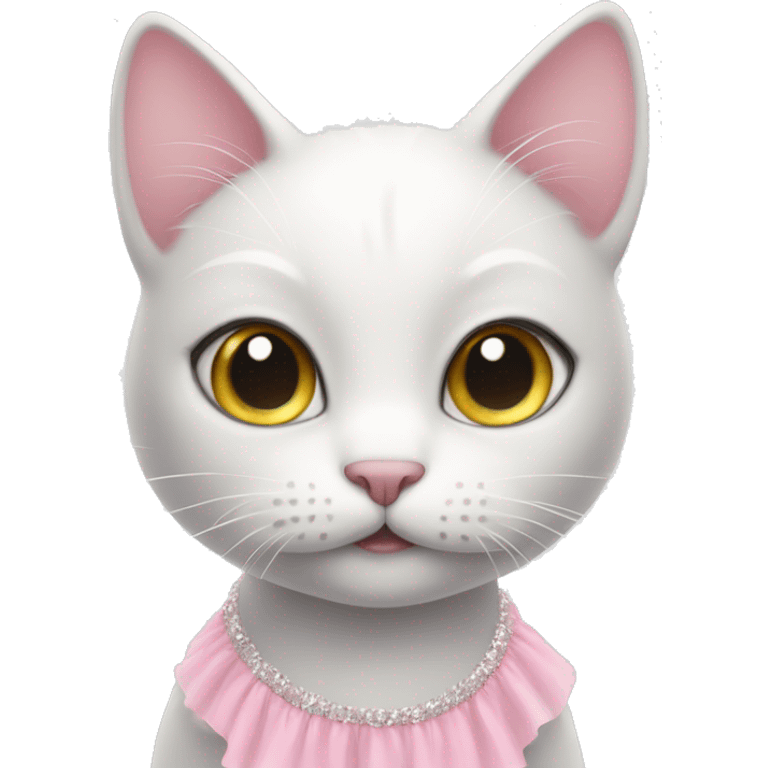 White cat with grey forehead wearing a pink tutu emoji