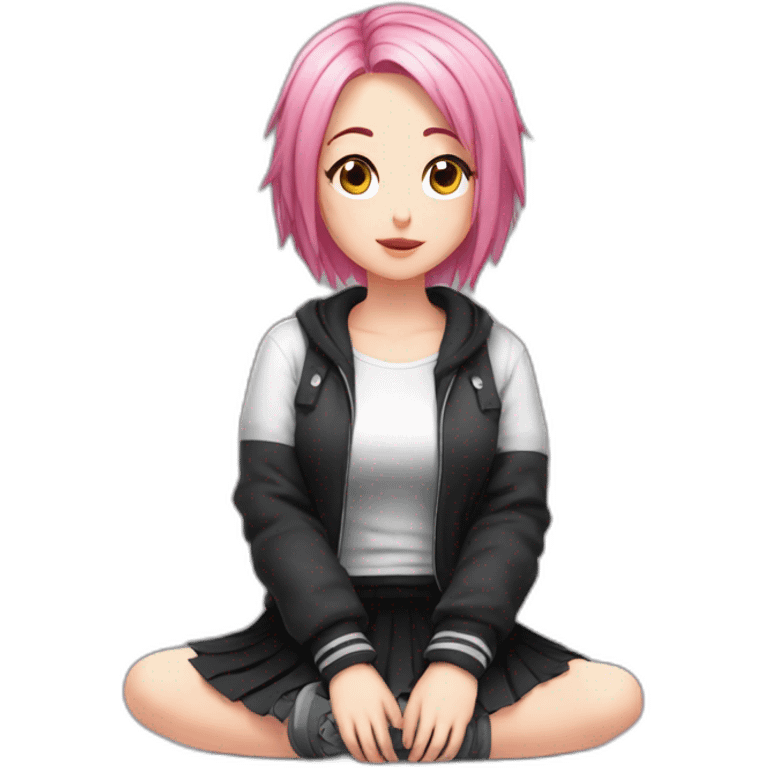 Full body Front view curvy emo girl pink hair sits on the floor straight view hands up black skirt белые трусики emoji