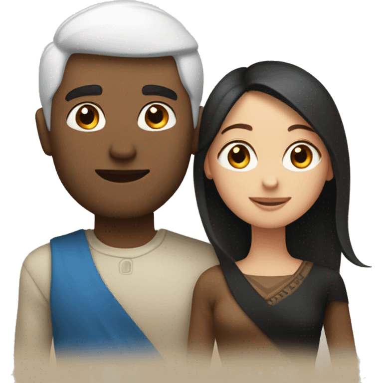 Couple with arms around each other; white woman with blue eyes and brown hair, Indian man with black hair  emoji