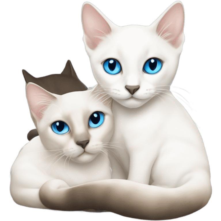 A white siamese kitten snuggled up to a white Siamese cat. Both cats are surrounded by many colourful fish  emoji