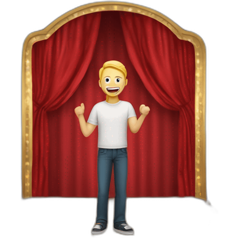 white light skin man person standing in a theater with red curtains standing on elevated stage holding a microphone smiling with light hair emoji