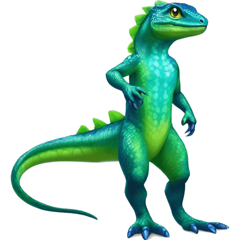 A Cyan Shiny Glossy Iridescent Anthro-Scalie-Lizard-Reptile-Salamandrian-Fakémon with dark-blue patterns and light-green belly Full Body emoji