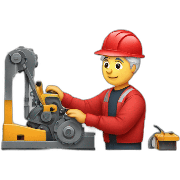 Industrial professional senior mechanical assembler working on the assembly of heavy machinery with a red outfit emoji