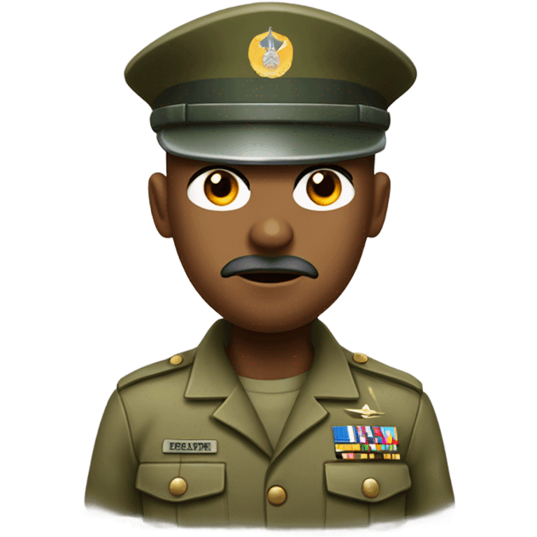 commanding drill sergeant character wearing a classic sergeant hat and a camouflage army shirt. The character should have an intense expression, exuding authority emoji