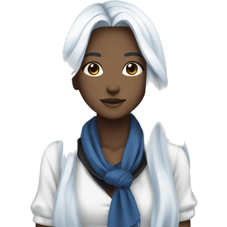 A beautiful anime girl with long, flowing silver hair is wearing a white shirt with a black collar and a blue scarf.  emoji