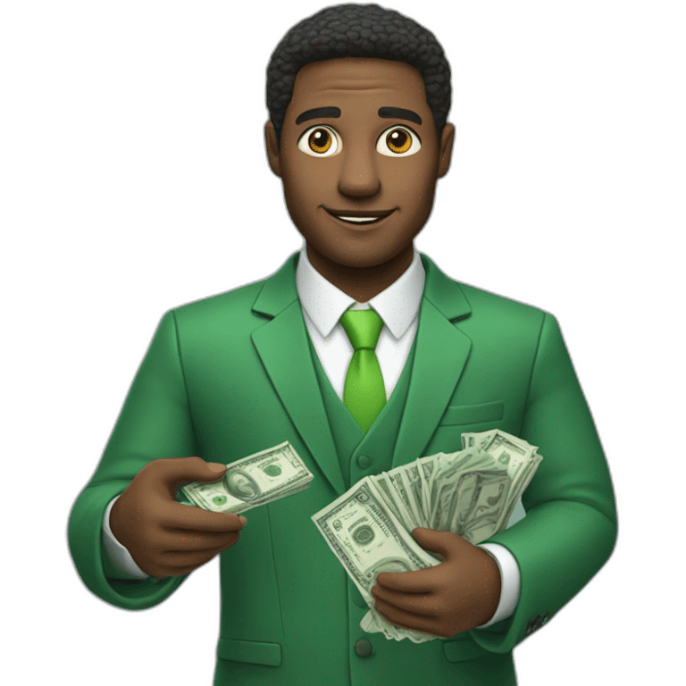 A businessman holding an iPhone with a green screen in his right hand and a pack of money in his left hand emoji