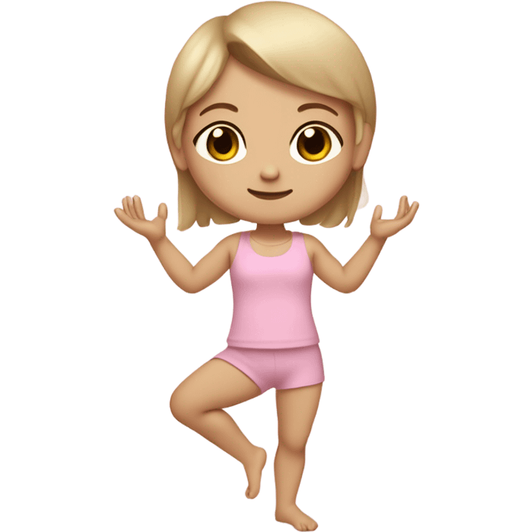 do a white skin little girl with dirty blond straight hair brown eyes and a cute baby pink outfit, full body arms legs and cute shoes doing yoga emoji