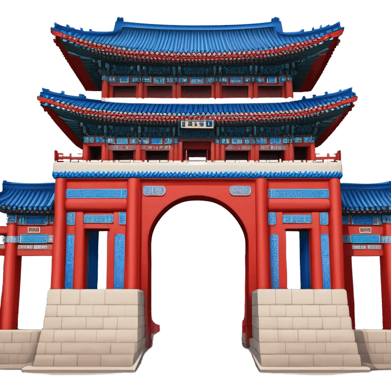 ​Cinematic Realistic Gwanghwamun Gate, depicted as a majestic historic gateway with traditional Korean architectural details, vibrant red and blue accents, and intricate carvings, set against a backdrop of modern Seoul under dynamic, natural lighting that highlights its timeless grandeur, emoji