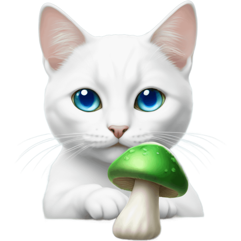 white cat with one blue eye and one green eye eating a mushroom emoji