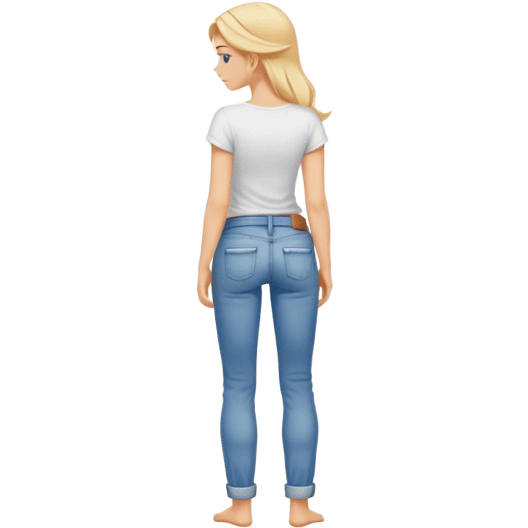 Barefoot blonde girl in rolled up jeans in white top with right hand in back pocket from the back emoji