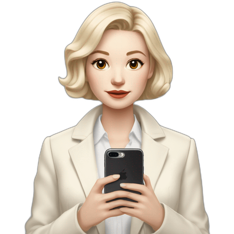 pale skin woman with ash blonde Straightened bob Hair, White Spacious classical jacket, beige palazzo Arrow pants and gray blouse holding IPhone 15 pro in the hands emoji