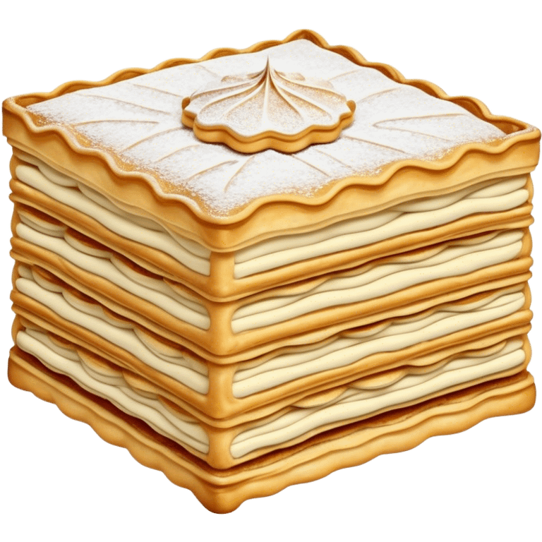 Cinematic Realistic Mille-Feuille Dessert Emoji, depicted as layered puff pastry with rich cream and a dusting of powdered sugar rendered with intricate textures and elegant, soft lighting. emoji