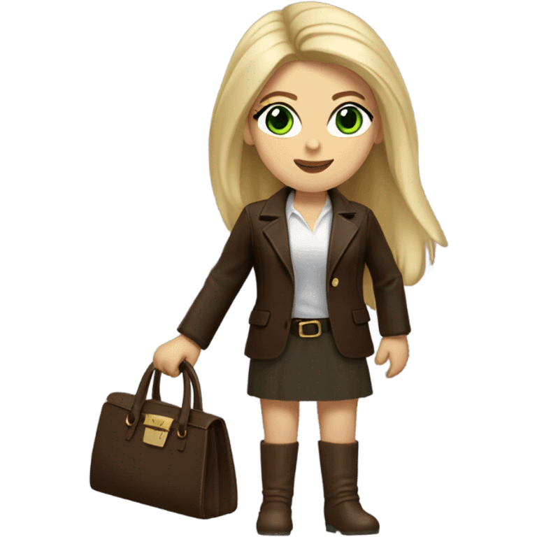 Realistic White woman with Long straight blonde hair and green eyes, dark Brown oversize leather blazer, mini skirt and Brown heeled leather boots, holding handbag emoji