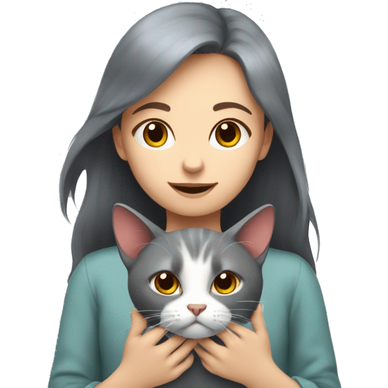 Grey cat in hands of a girl with dark red hair emoji