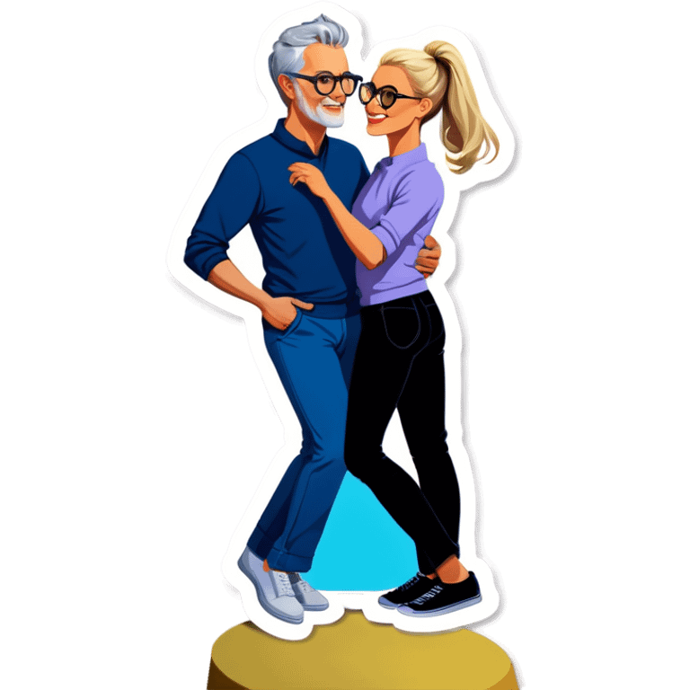 Hyper Realistic Couple in love,  dancing lady blonde wearing glasses man grey hair clean shaven
 emoji