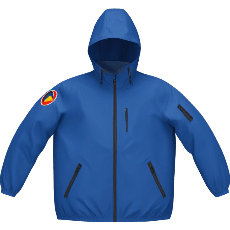 a waterproof K-Way jacket totally in blue royal marine color with hood and the central zip colored with this exact colors hex codes: #1C2747 #EC6E05 #F6DF12, just the object itself emoji