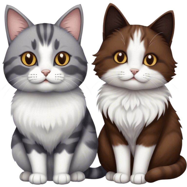 Grey and white cat next to a brown, black, and white fluffy cat  emoji