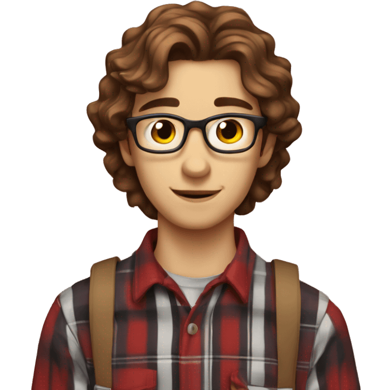 Nerdy 20 year old with brown wavy hair and red plaid shirt emoji