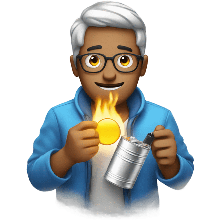 guy with a blue circle in one hand and tin foil and a lighter in the other hand emoji