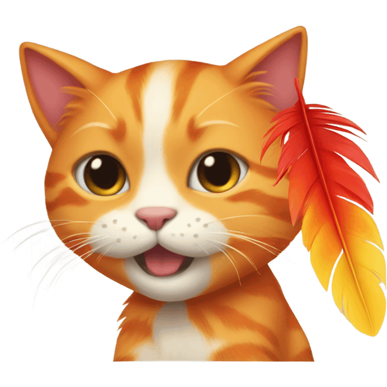 Orange Cat playing with a red and yellow feather  emoji