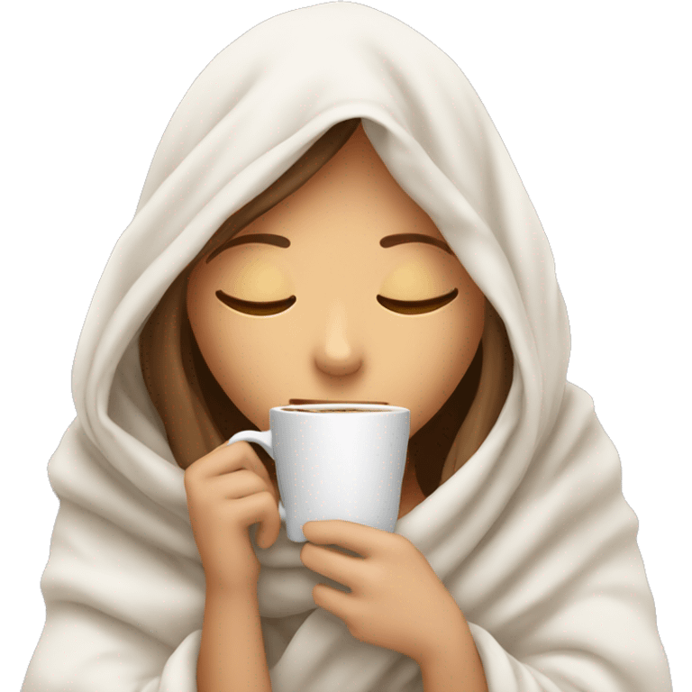 girl white inside a blanket sipping coffee eyes closed emoji