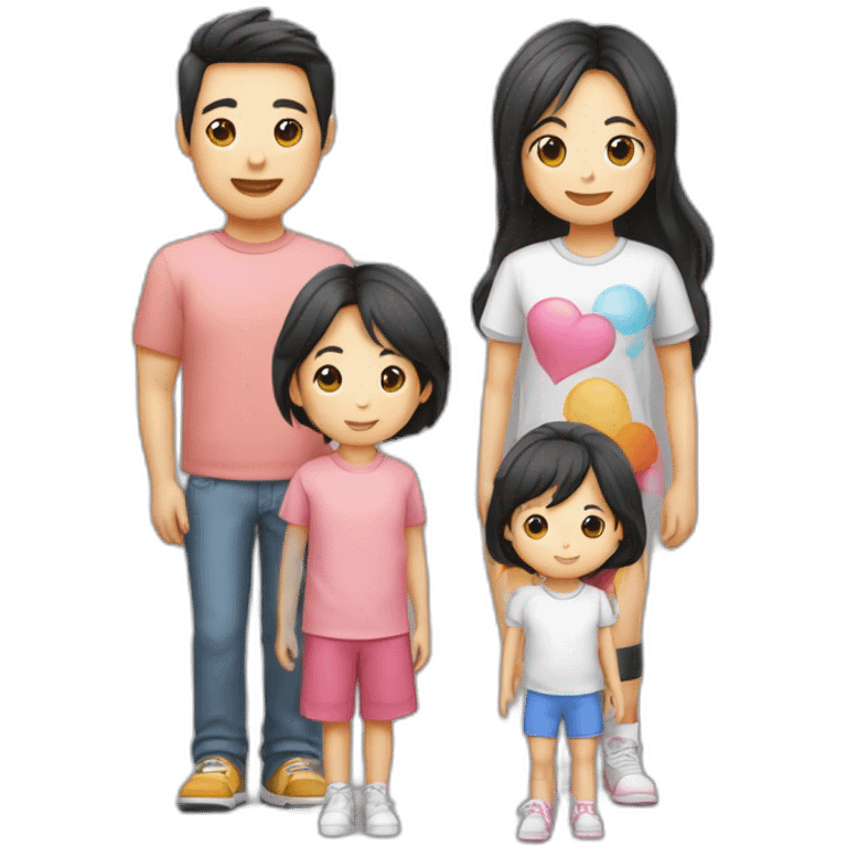 Famille 4 personne 1 fils aîné avec un t-shirt de basket fille cadette au cheveux long 1 père asiatique 1 mère emoji