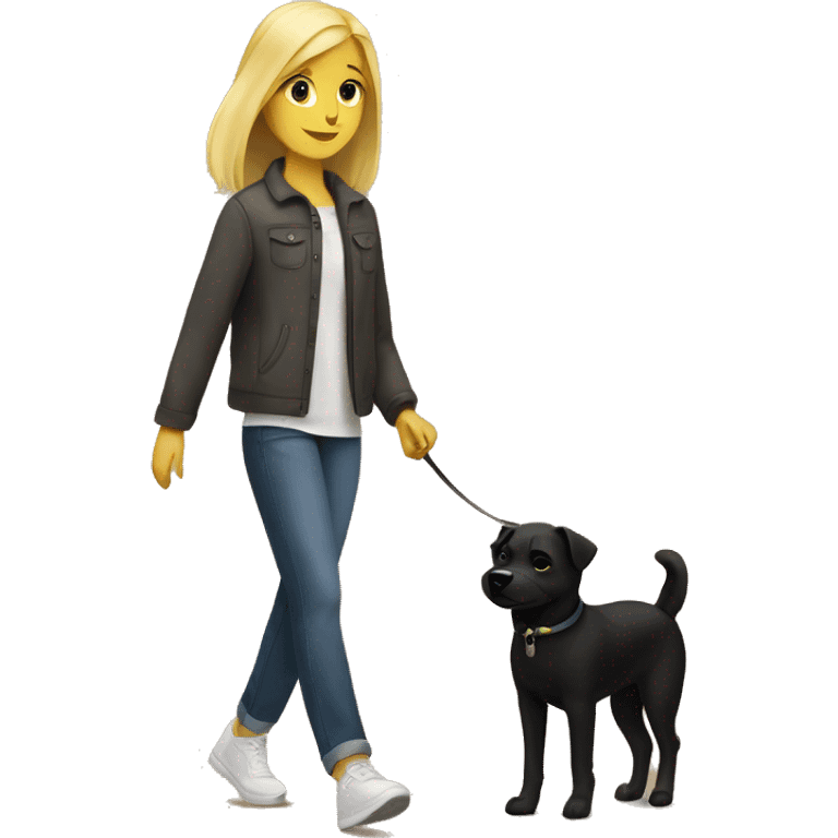 Blond teen girl walking  small black dog emoji