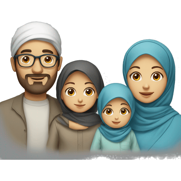 Draw a muslim family of 4 consisting of a father with glasses, a mother with a headscarf, a 3-year-old girl and a baby with blue clothes. emoji