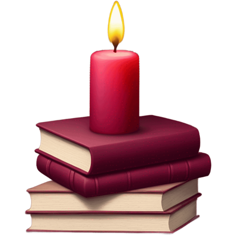 A maroon book stack adorned with ruby-red chrysanthemums and a candle emoji