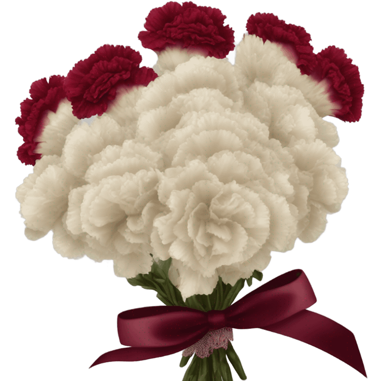 A classic bouquet of crimson carnations tied with a delicate lace-trimmed burgundy ribbon emoji