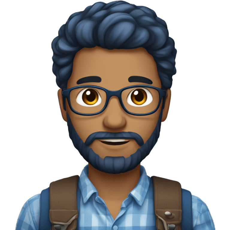 Un jeune homme avec une barbe légèrement fournie, des cheveux courts bruns et un regard confiant, vêtu d'une chemise à carreaux bleu marine. emoji